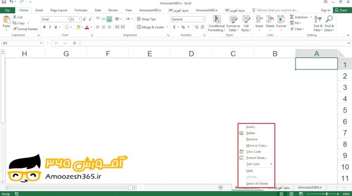کاربرد کلیک راست ماوس جهت تغییر رنگ زبانه کاربرگ به کمک رنگ های سفارشی (Custom Colors) در اکسل 2016 (Excel 2016)