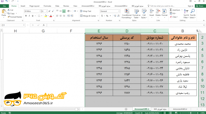 نمایش یک ستون پنهان به کمک گزینه نمایش دادن ستون ها (Unhide Columns) در اکسل 2016