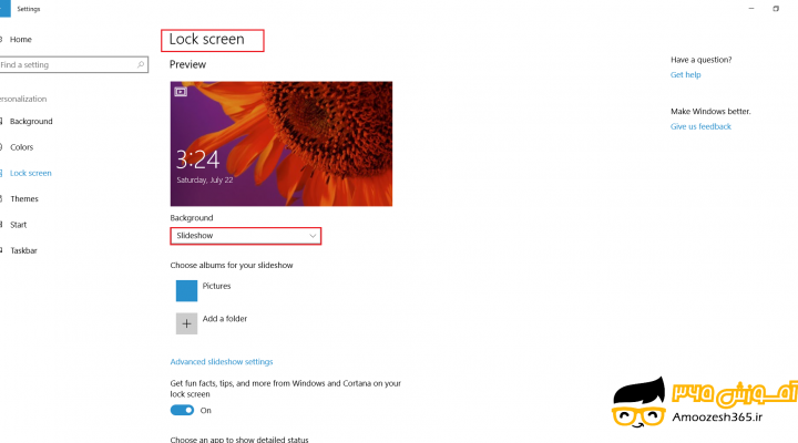 تغییر تصویر لاک اسکرین (Look screen) بر اساس نمایش پشت سر هم (Slideshow) یا تغییر تصویر صفحه قفل یا تغییر تصویر محافظ صفحه ویندوز در سیستم عامل ویندوز 10