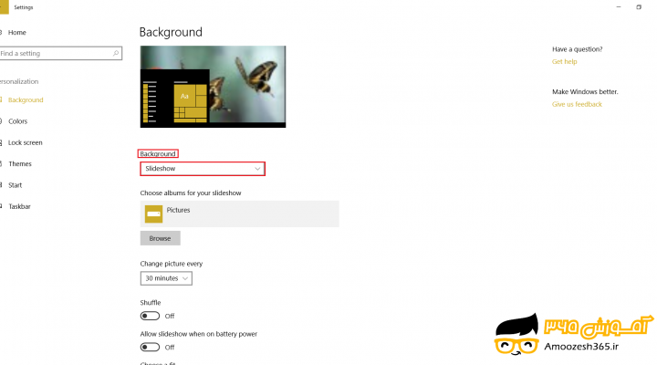 تغییر تصویر زمینه بر اساس نمایش پشت سر هم  تصاویر یا اسلایدشو (Slideshow) یا حالت تصادفی یا شفول (Shuffle) در سیستم عامل ویندوز 10
