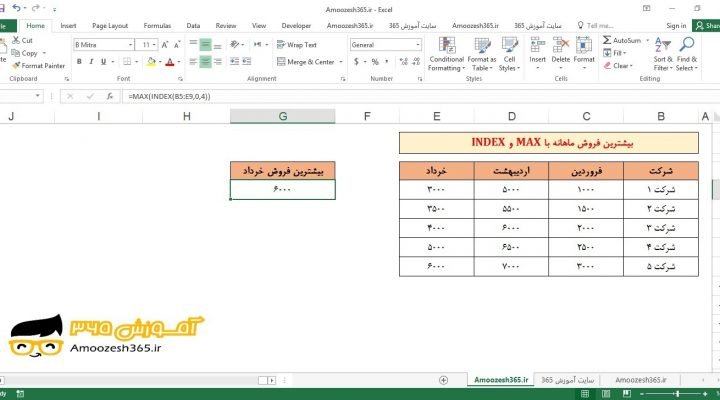 محاسبه بیشترین فروش ماهانه با توابع MAX و INDEX ایندکس با صفر وارد نمودن آرگومان دوم row_num در اکسل 2016 (Microsoft Excel 2016)