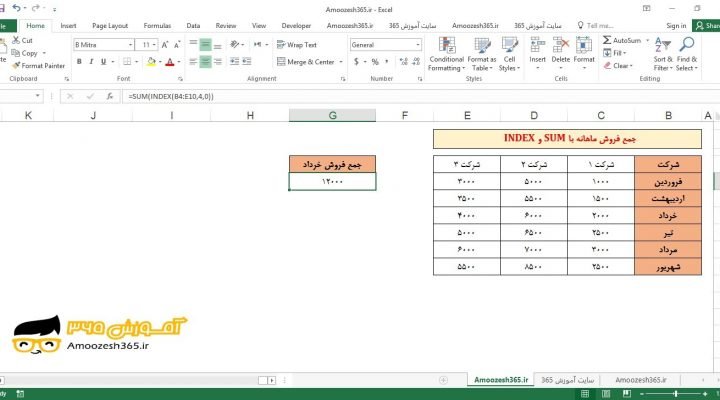 صفر وارد نمودن آرگومان سوم column_num تابع INDEX ایندکس و تابع SUM در محاسبه جمع فروش ماهانه اکسل 2016 (Microsoft Excel 2016)