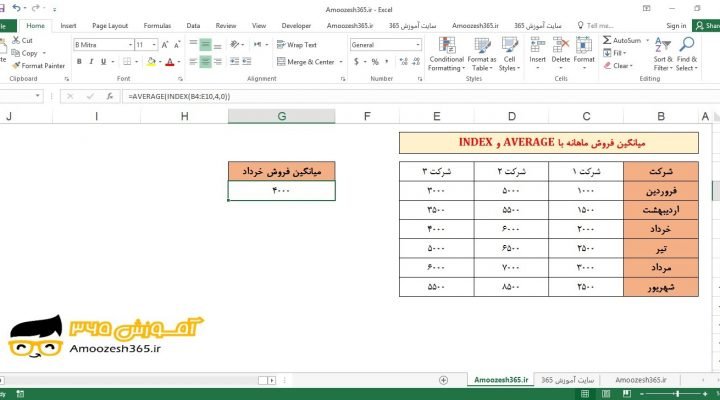 صفر وارد نمودن آرگومان سوم column_num تابع INDEX ایندکس و تابع AVERAGE در محاسبه میانگین فروش ماهانه اکسل 2016 (Microsoft Excel 2016)
