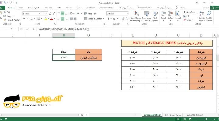 کاربرد توابع AVERAGE ، INDEX و MATCH در محاسبه میانگین فروش ماهانه اکسل 2016 (Microsoft Excel 2016)