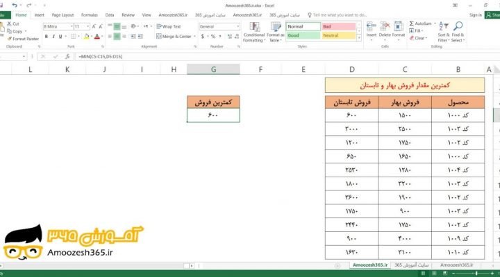 محاسبه مقدار کمترین و حداقل دو محدوده با تابع MIN مینیمم و استفاده از دو آرگوماندر اکسل 2016 (Microsoft Excel 2016)