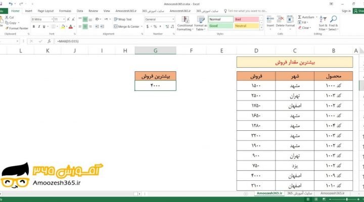 تعیین بیشترین مقدار فروش با تابع MAX ماکزیمم در اکسل 2016 (Microsoft Excel 2016)