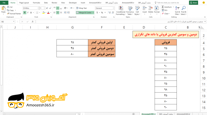 تعیین دومین و سومین کمترین فروش با داده های تکراری به صورت آرایه ای با تابع SMALL اسمال در اکسل 2016 (Microsoft Excel 2016)