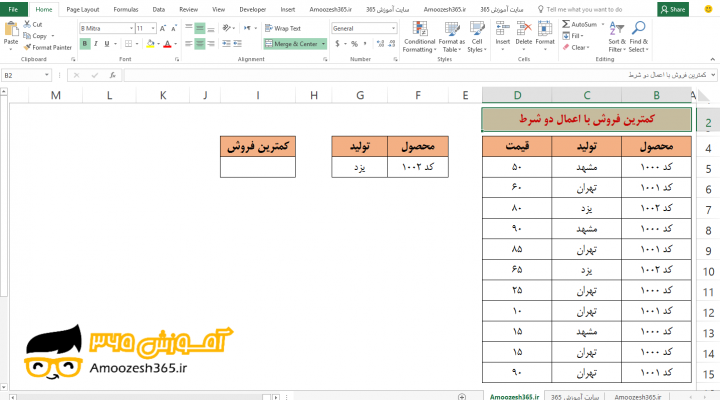 تعیین کمترین فروش با اعمال دو شرط به صورت آرایه ای با تابع MIN مینیمم و ابزار Remove Duplicates (حذف تکراری ها) و ابزار Data Validation (اعتبار سنجی داده ها) در اکسل 2016 (Microsoft Excel 2016)