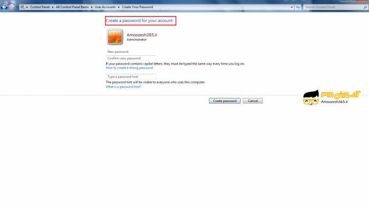 ایجاد پسورد برای اکانت خود Create your Password در ویندوز 7 (Windows7)