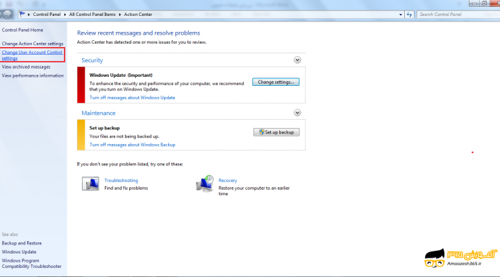 نحوه بررسی مشکلات امنیتی Check for Security Problems در ویندوز 7 (WINDOWS 7)