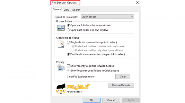نمایش دادن فایل های مخفی مموری یا فلش و تنظیمات Folder Explorer Option در سیستم عامل ویندوز 10 (Windows 10)